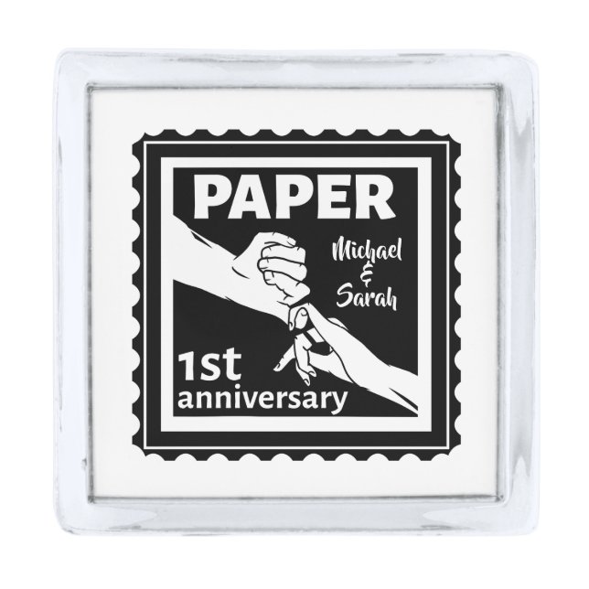 Paper traditional 1st wedding anniversary silver finish lapel pin (Front)