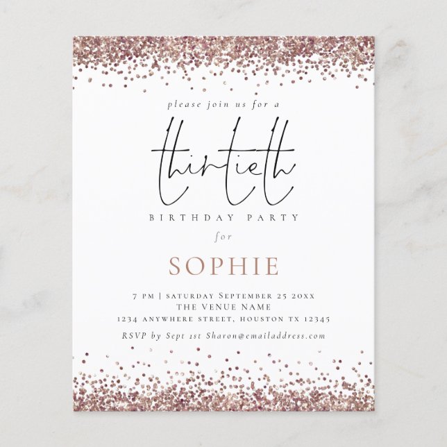PAPER Trendy Rose Gold Glitter 30th Party Invite (Front)