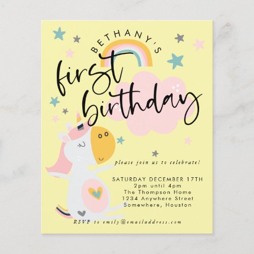 PAPER Unicorn  Girl 1st Birthday Yellow Invitation