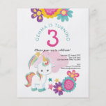 PAPER | Unicorn Girl 3rd Birthday Party Invitation<br><div class="desc">A great value PAPER (not card) alternative WITHOUT ENVELOPES at SMALLER size 4.5” x 5.6” and at a budget price. (Standard A6 envelopes are the nearest size to fit). A cute unicorn themed design for your little girl's 3rd Birthday Party, along with colorful simplistic florals in shades of pink, teal...</div>