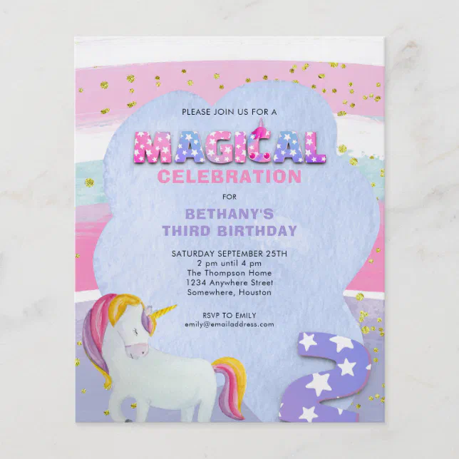 PAPER | Unicorn Magical 3rd Birthday Invitation | Zazzle