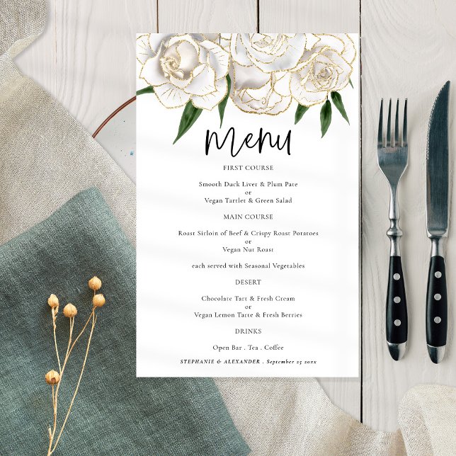 PAPER White Gold Florals Script Wedding Menu (Creator Uploaded)
