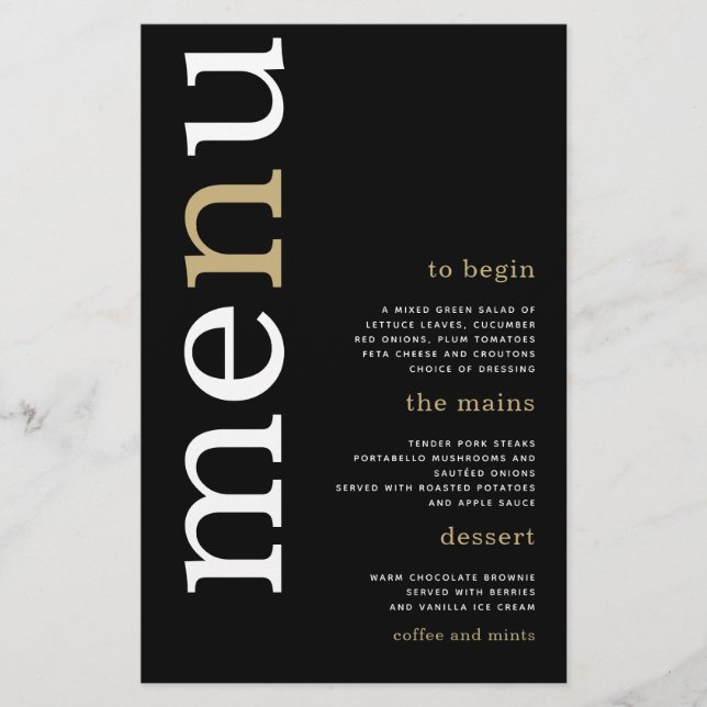 PAPER White Gold Typography Black Wedding Menu (Front)