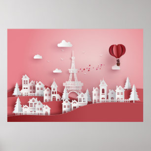 Papercut Couple Hot Air Balloon in Paris Poster