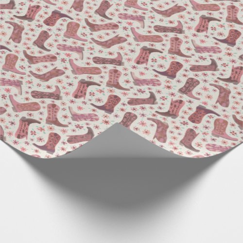 Papercut Cowgirl Boots in Pink and Brown Flowers Wrapping Paper