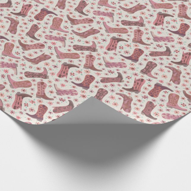 Papercut Cowgirl Boots in Pink and Brown Flowers Wrapping Paper (Corner)