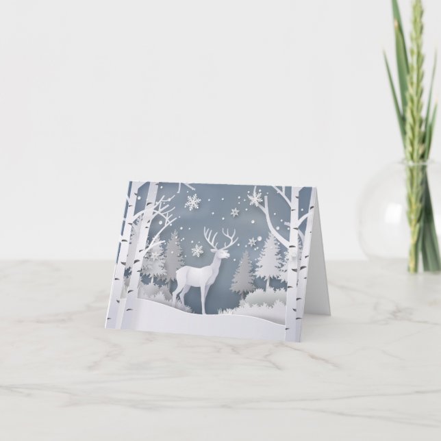 Papercut Deer in Winter Forest Note Card (Front)