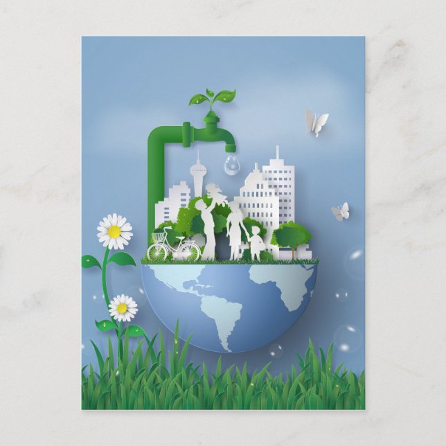 Papercut Earth Day Conservation Faucet & City Postcard (Front)