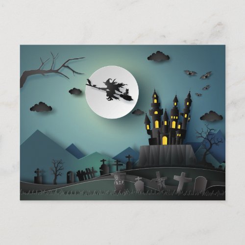 Papercut Halloween House Witch Graveyard Scene Postcard