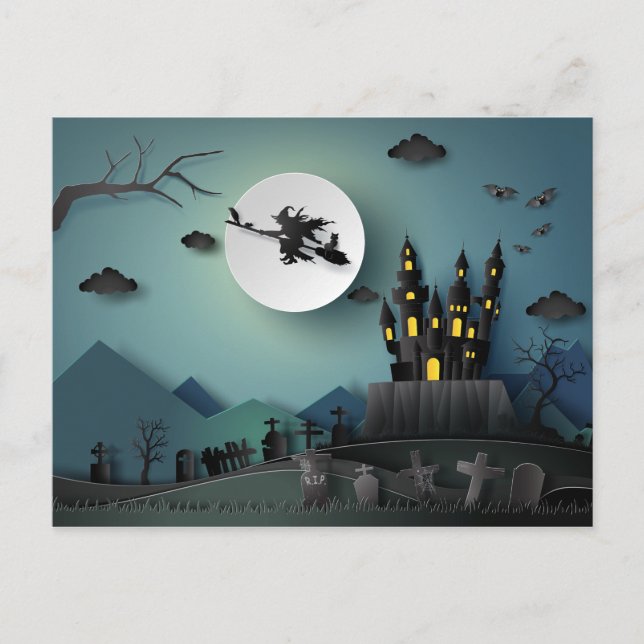 Papercut Halloween House, Witch, Graveyard Scene Postcard (Front)