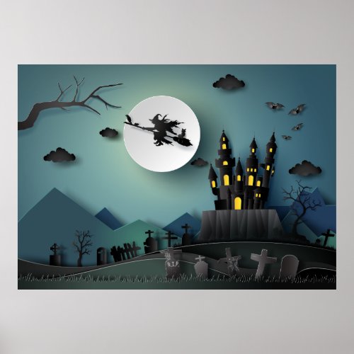 Papercut Halloween House Witch Graveyard Scene Poster