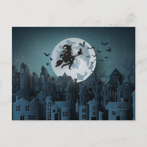 Papercut Halloween Witch Flying over City Postcard