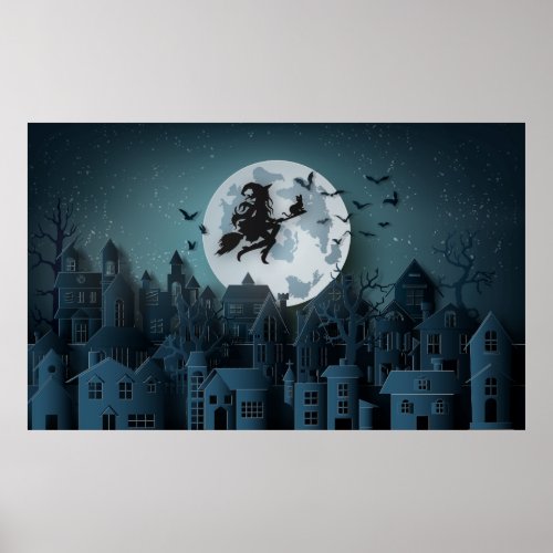 Papercut Halloween Witch Flying over Village Poster