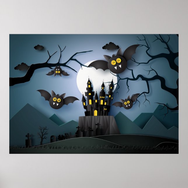 Papercut Haunted Castle and Bats Poster (Front)