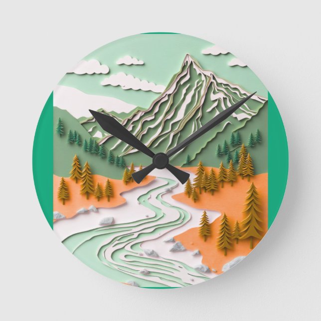 Papercut Mountain design Round Clock (Front)