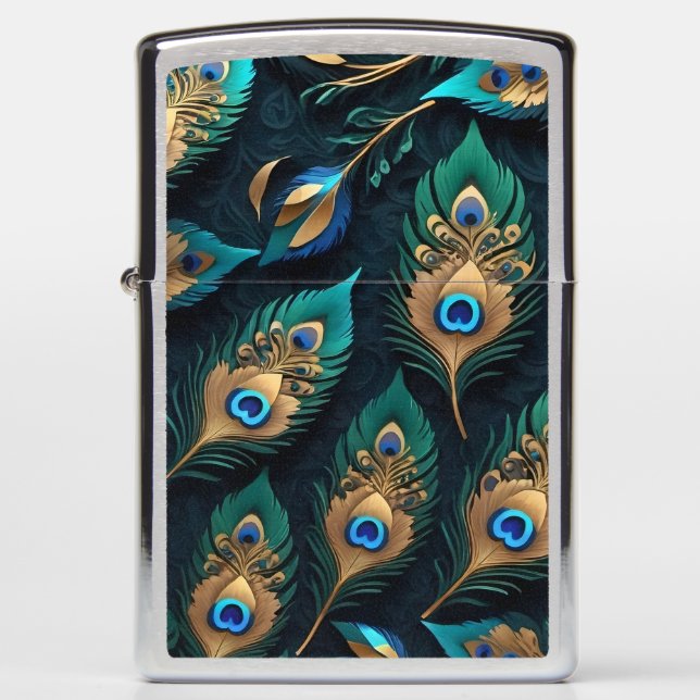Papercut Peacock Feathers Pattern Zippo Lighter (Front)
