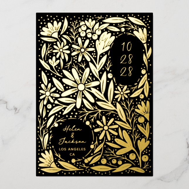 Papercut Rustic Flowers Black Save the Date Foil Invitation (Front)