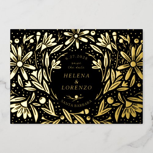 Papercut Rustic Flowers Black Save the Date Gold Foil Invitation