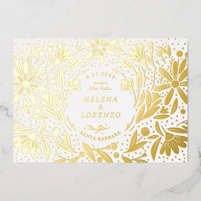 Papercut Rustic Flowers Save the Date Gold Foil Invitation (Front)