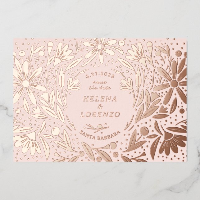 Papercut Rustic Flowers Save the Date Rose Gold Foil Invitation (Front)
