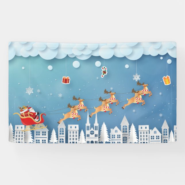 Papercut Santa and Reindeer over city Christmas Banner (Horizontal)