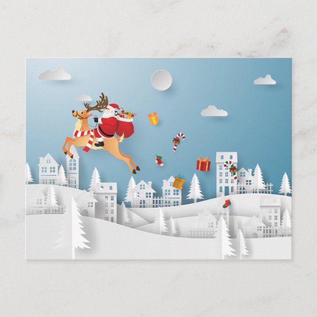 Papercut Santa delivering Gift over City Christmas Postcard (Front)