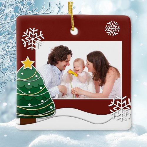 Papercut Snowflakes Christmas Tree Family Photo Ceramic Ornament