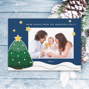 Papercut Stars & Snowy Christmas Tree Family Photo Holiday Card