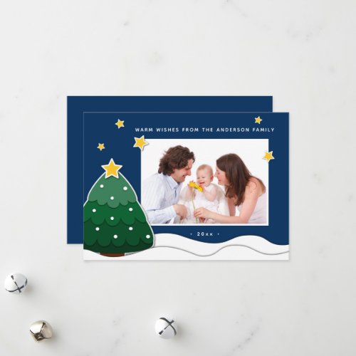 Papercut Stars  Snowy Christmas Tree Family Photo Holiday Card