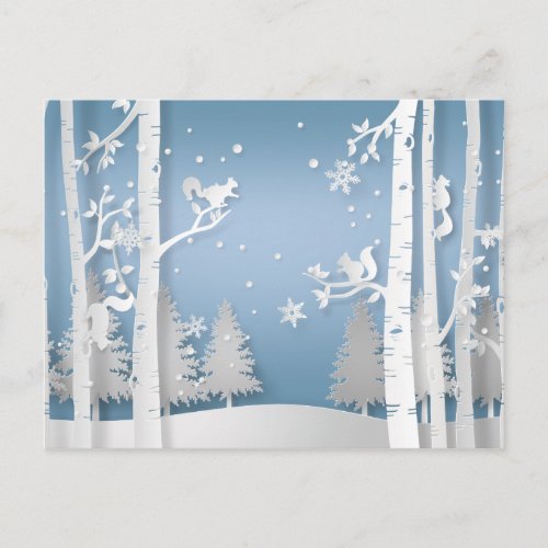 Papercut Winter Forest and Squirrels Christmas Postcard