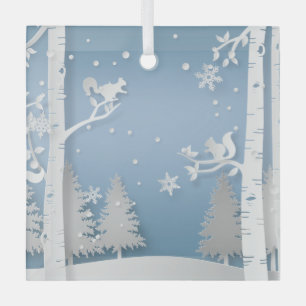 Papercut Winter Forest and Squirrels Glass Ornament