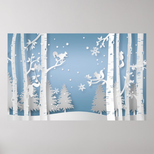 Papercut Winter Forest and Squirrels Poster (Front)