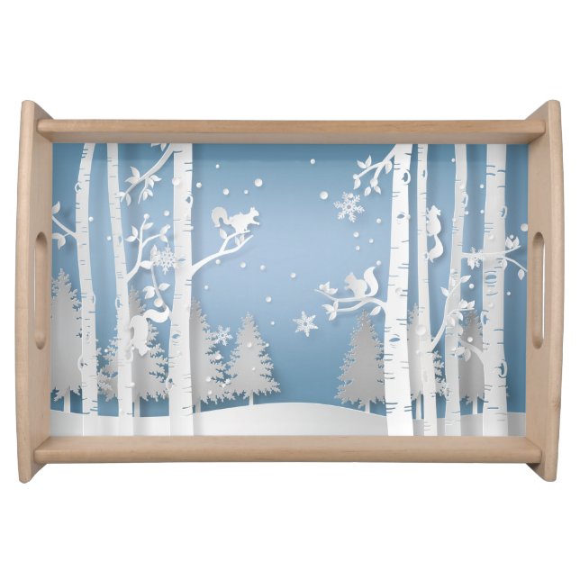 Papercut Winter Forest and Squirrels Serving Tray (Front)