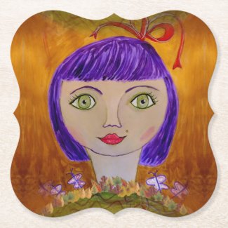 Paperplate Girl with Purple Hair on Drink Coasters