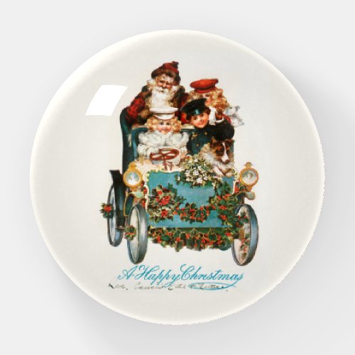  PAPERWEIGHT  VINTAGE CHRISTMAS SANTA  MOTORCAR