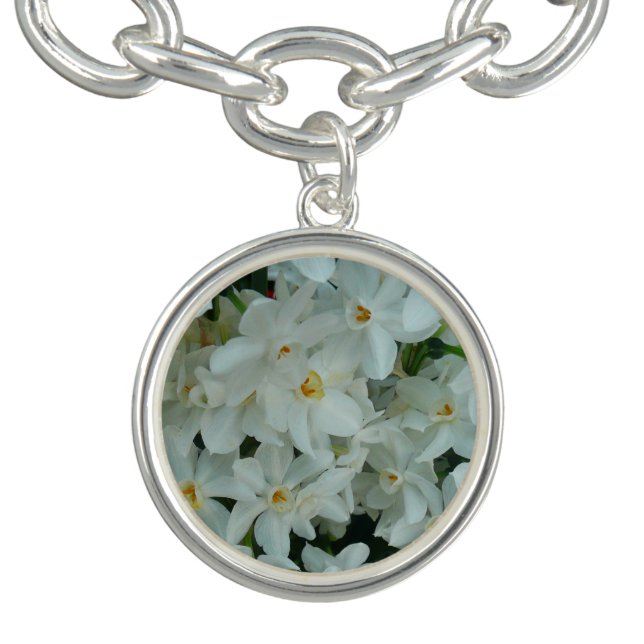 Paperwhite Narcissus Delicate White Flowers Charm Bracelet (Design)