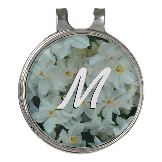 Paperwhite Narcissus Delicate White Flowers Golf Hat Clip (Front)