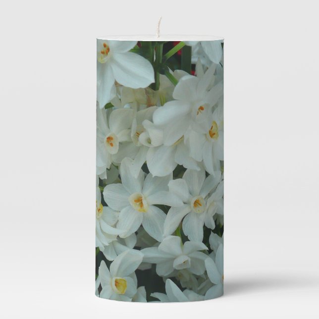Paperwhite Narcissus Delicate White Flowers Pillar Candle (Front)