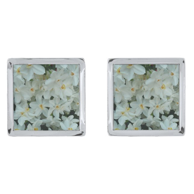 Paperwhite Narcissus Delicate White Flowers Silver Cufflinks (Front)