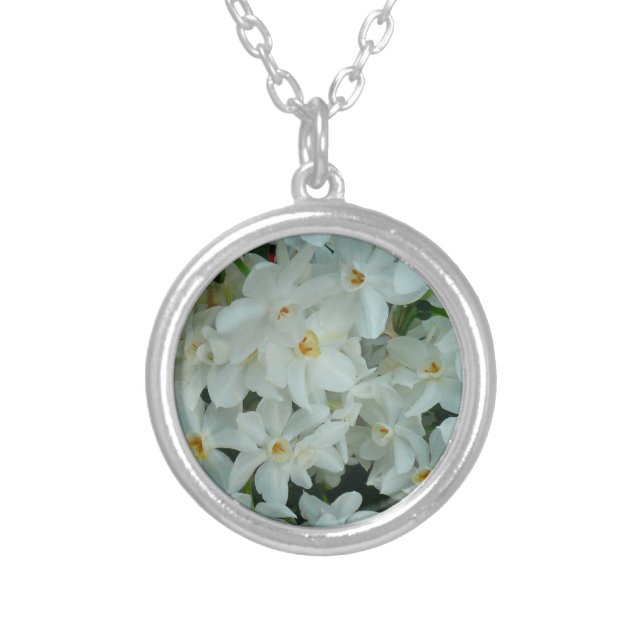 Paperwhite Narcissus Delicate White Flowers Silver Plated Necklace (Front)