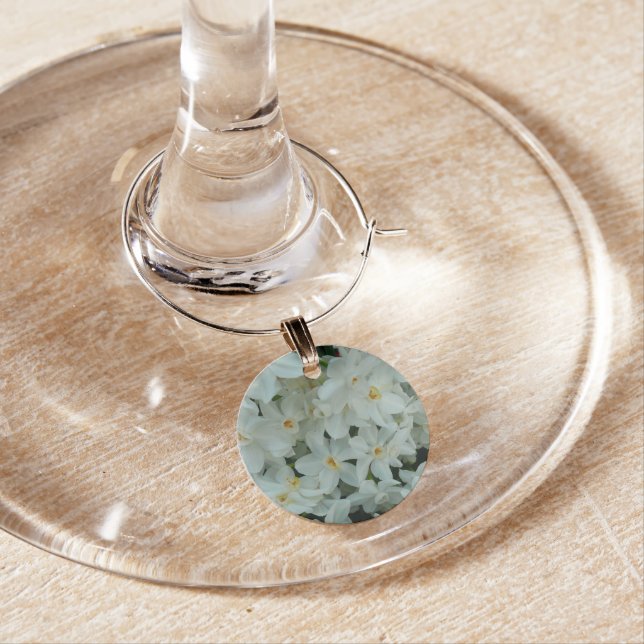 Paperwhite Narcissus Delicate White Flowers Wine Glass Charm (In Situ)