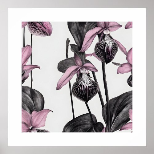 Paphiopedilum Pink Orchids Monochromatic Art Poster