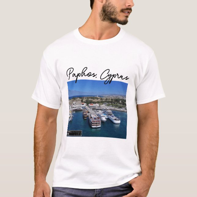 Paphos Harbor boats and lighthouse T-Shirt (Front)
