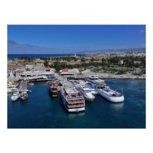 Paphos harbor drone view with lighthouse  poster