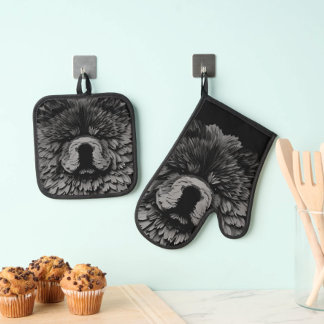 PAPIER MIRAGE  Black Chow Oven Mitt & Pot Holder Set