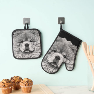 PAPIER MIRAGE  Blue Chow Oven Mitt & Pot Holder Set