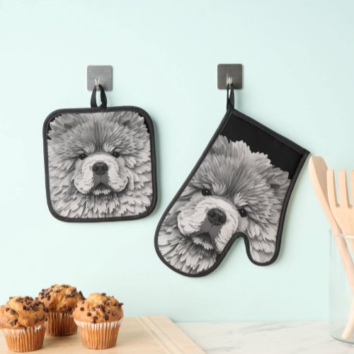 PAPIER MIRAGE  Blue Chow Oven Mitt & Pot Holder Set