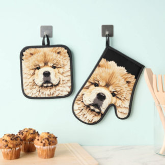PAPIER MIRAGE Cream Chow Oven Mitt & Pot Holder Set
