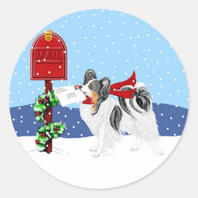 Papillon Christmas Mail Tri Color Classic Round Sticker (Front)
