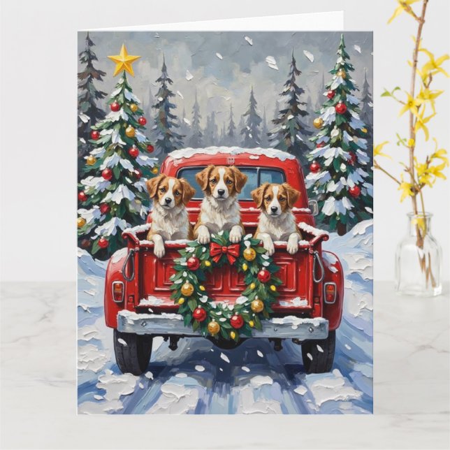 Papillon Christmas Red Truck Holiday Card (Yellow Flower)